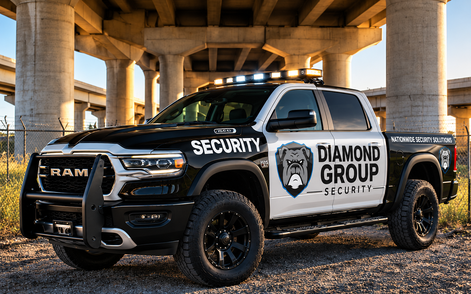 Black and white Diamond Group Security patrol pickup parked beneath a concrete highway overpass